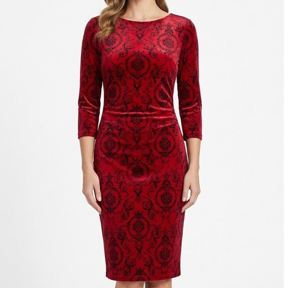 Rhapsodielle Gothic Damask Bodycon Dress - Red & Black Brocade Print Midi
